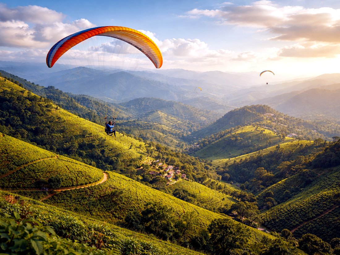 Paragliding over the tea-covered hills of Vagamon