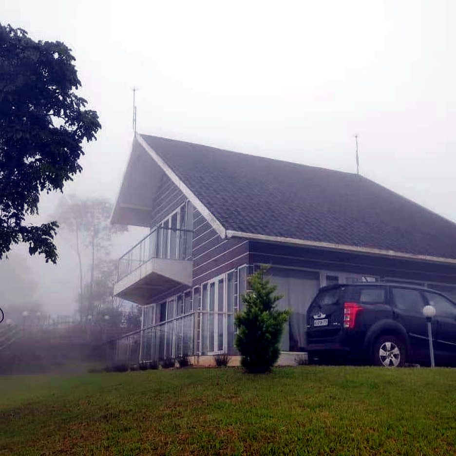 Misty view of the villa grounds